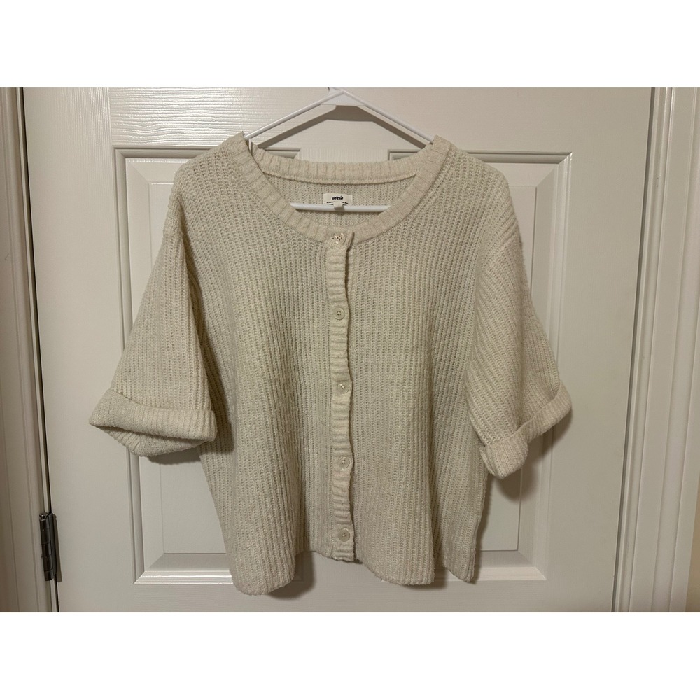 Aerie Cardigan Women Medium Cream Ribbed Knit Short Sleeve Button Front Sweater